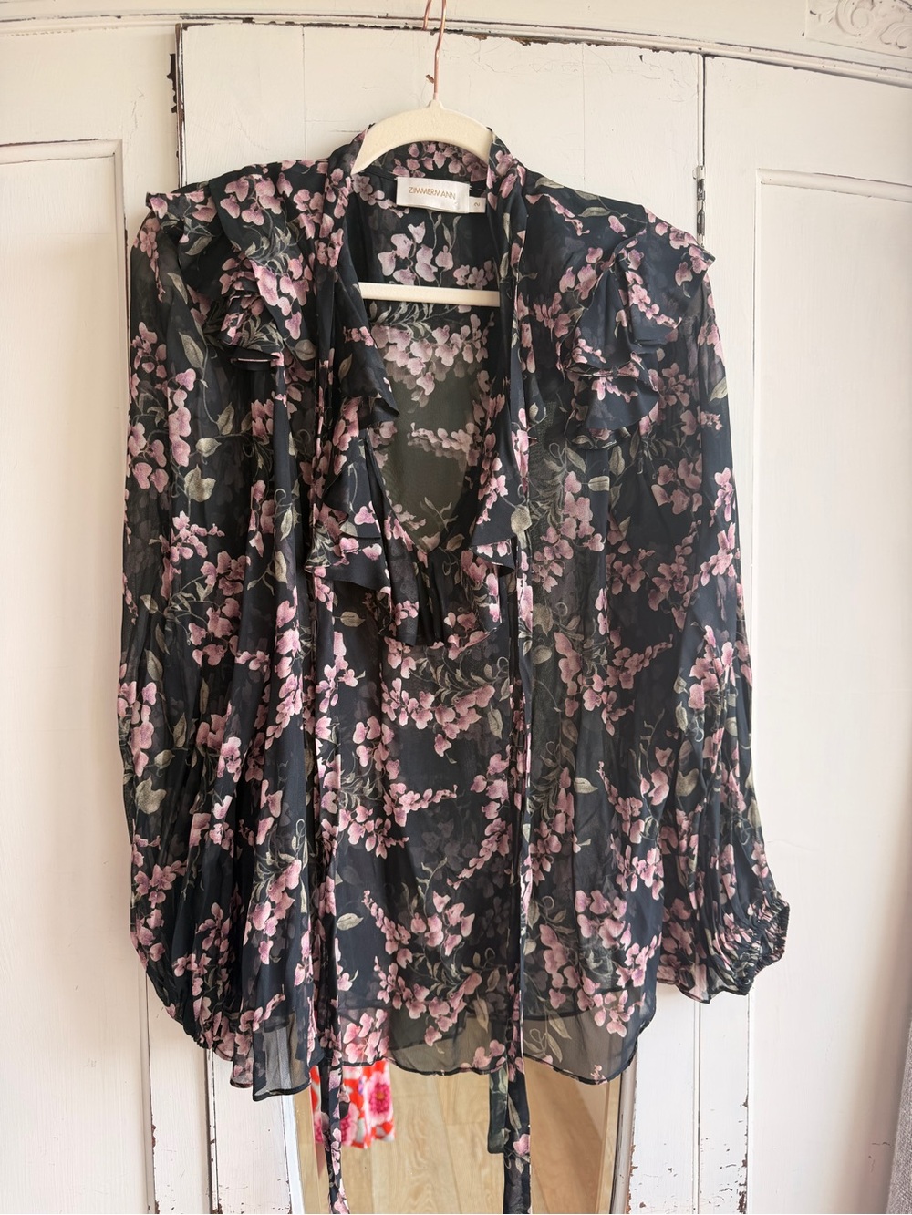 Zimmermann Black Sheer Floral Tie-Neck Blouse - Pink Floral